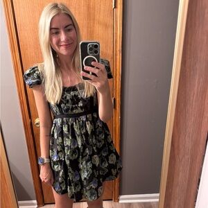 LoveShackFancy Floral Mini Dress - Black and Blue